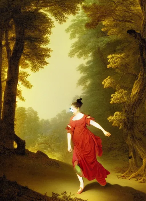 Prompt: a woman in a long dress running in forest, god light, by asher brown durand, by yoshitaka amano