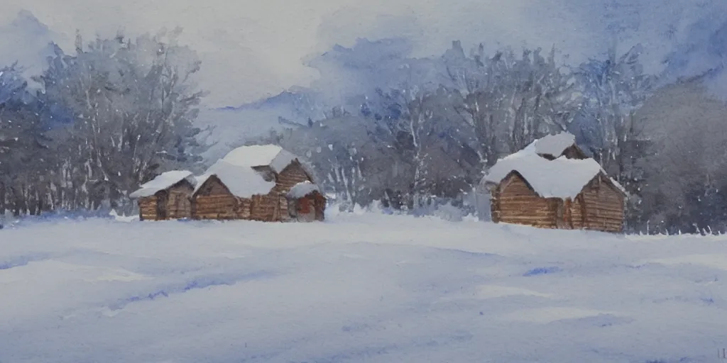 Image similar to a watercolor painting of a cabin in a snowy landscape, at dusk, painted by lars lerin