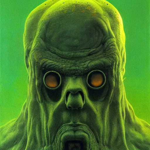 Image similar to Portrait of Angry man with Holes in his face, dark fantasy, yellow and green, artstation, painted by Zdzisław Beksiński and Wayne Barlowe