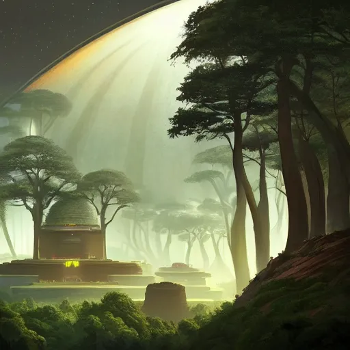 Prompt: futuristic temple between green hills with big trees, monks, shooting stars, dramatic lighting, artstation, matte painting, raphael lacoste, simon stalenhag, frank lloyd wright