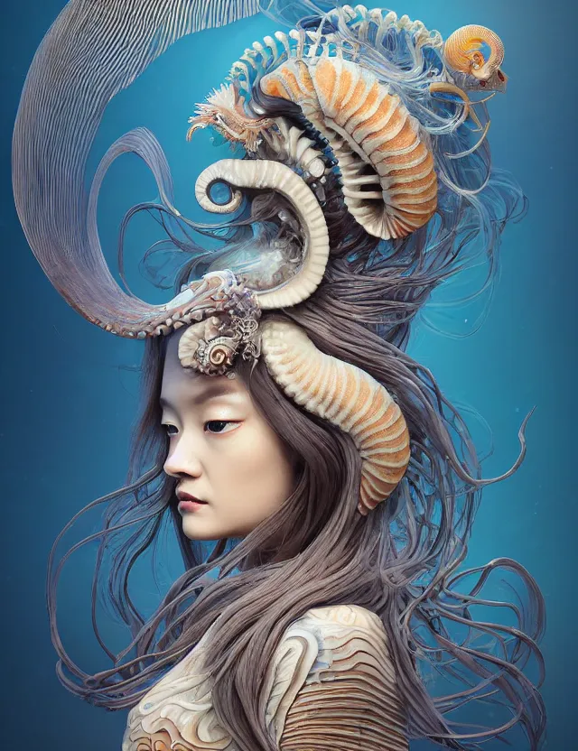 Image similar to 3 d goddess nautilus half - turn portrait with long hair with ram skull. beautiful intricately detailed japanese crow kitsune mask and clasical japanese kimono. betta fish, jellyfish phoenix, bio luminescent, plasma, ice, water, wind, creature, artwork by tooth wu and wlop and beeple and greg rutkowski