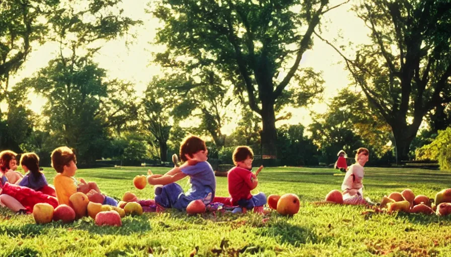 Image similar to 1990s candid photo of a beautiful day at the park, families playing, cinematic lighting, cinematic look, golden hour, large personified fruit creatures in the background, Enormous fruit people, scary fruit, UHD