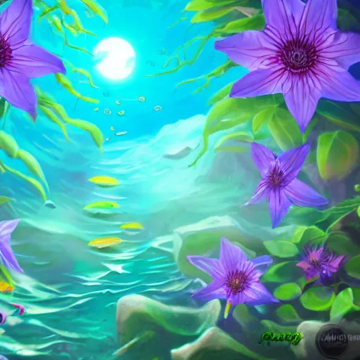 Image similar to clematis theme logo, clematis theme banner, clematis design, clematis in the deep sea, trending on artstation, warm light, lovely and cute, fantasy art, 8 k resolution