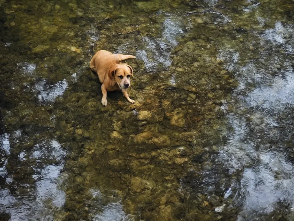 Image similar to a dog standing!!!!! in a stream!!!!!, looking down, reflection in water, ripples, beautiful!!!!!! swiss forest, photograph, character design, national geographic, soft focus