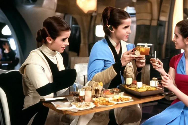 Image similar to princess leia having lunch with emma watson at quark's bar on deep space nine