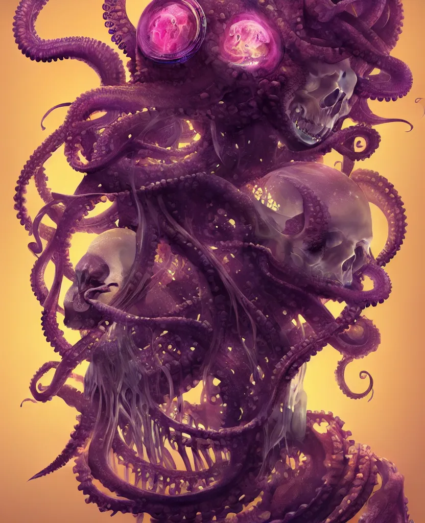 Image similar to goddess close - up portrait human skeleton, ram skull, octopus, jellyfish, orchid, betta fish, bioluminiscent, intricate artwork by tooth wu and wlop and beeple. octane render, trending on artstation, greg rutkowski very coherent symmetrical artwork. cinematic, hyper realism, high detail, octane render, 8 k