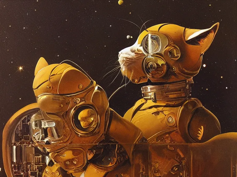 Prompt: an oil painting profile of a cat in a spacesuit, symetrical and detailed with science fiction theme by beksinski carl spitzweg and tuomas korpi. baroque elements, full-length view. baroque element. intricate artwork by caravaggio. Trending on artstation. 8k