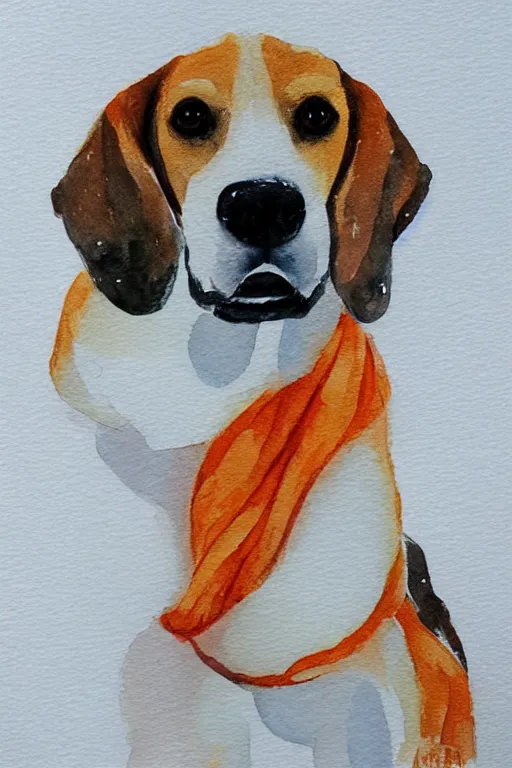 Prompt: beagle, in the snow, with an orange scarf, watercolor