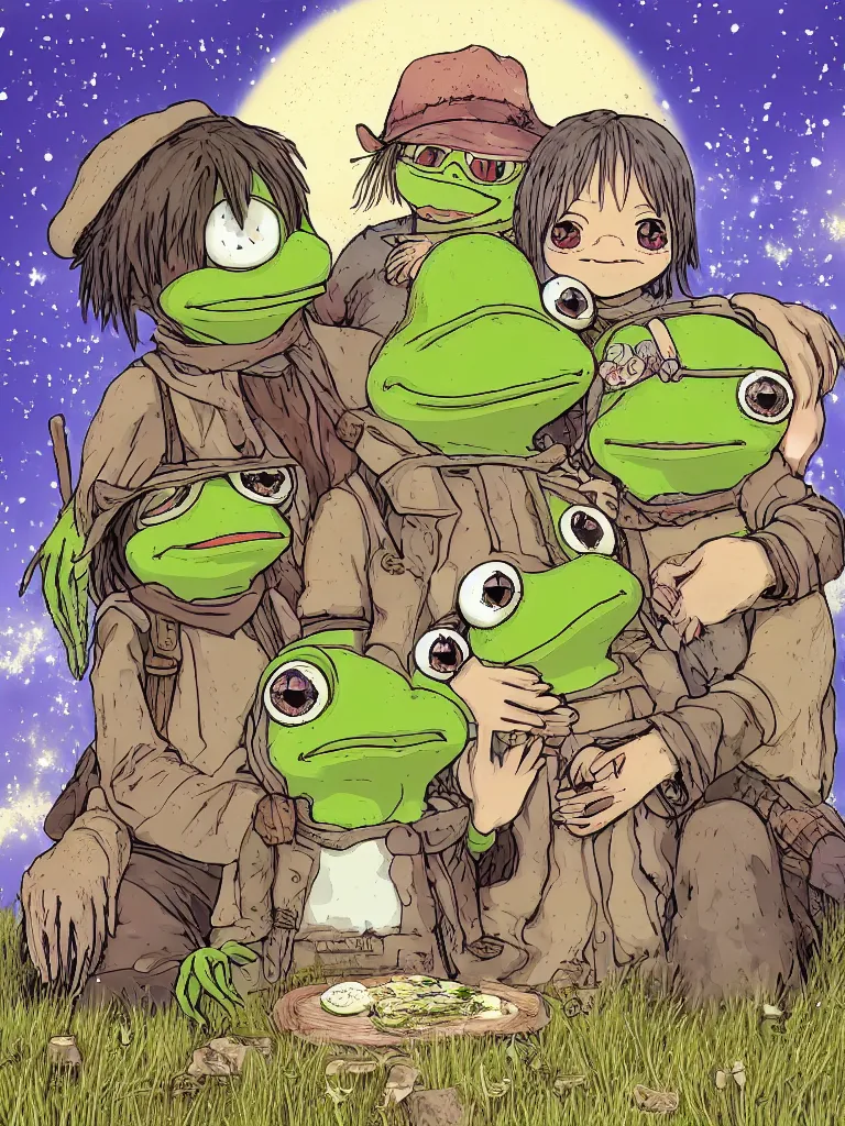 Prompt: resolution rustic weathered happiness of pepe love and life made in abyss peace and love harmony biblically acurate angels angels read dead redemption 2 ivory dream like storybooks pepe the frog happy among family in a field sitting the value of love a clear prismatic sky, edge of nothingness love, warm ,Luminism, prismatic , fractals , pepe the frog , art in the style of Akihito Tsukushi and and Arnold Lobel , claymation