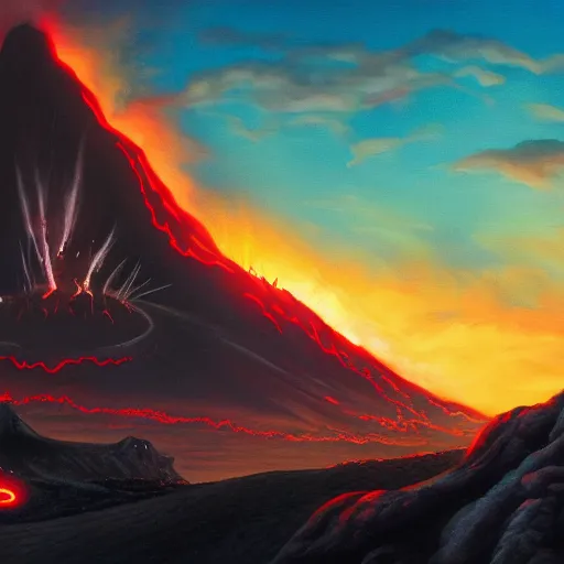 Image similar to a painting of bart simpson walking through mordor towards mount doom. Lava flowing and the eye of sauron in the distance. Detailed trending on artstation.