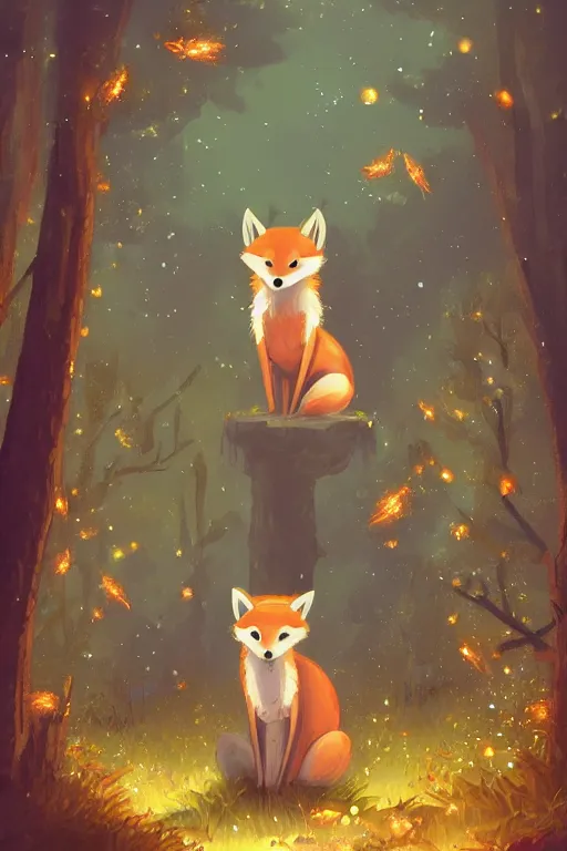 Image similar to a medieval anthropomorphic fox in a forest at night with fireflies, trending on artstation, furry art, by kawacy, night lighting, digital art, dreamy, bokeh