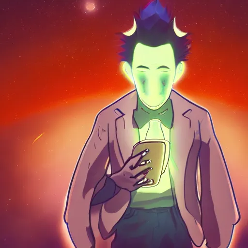 Image similar to A man drinking a cup of cosmic energy bright light by Masafumi Harada, 4k, digital art, surreal, anime style, space dandy style, highly detailed, godsend, artstation