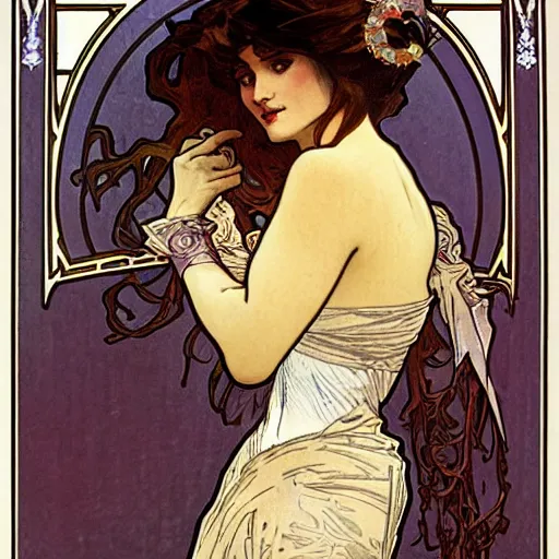 Image similar to Illustration by Alphonse Mucha of a female vampire