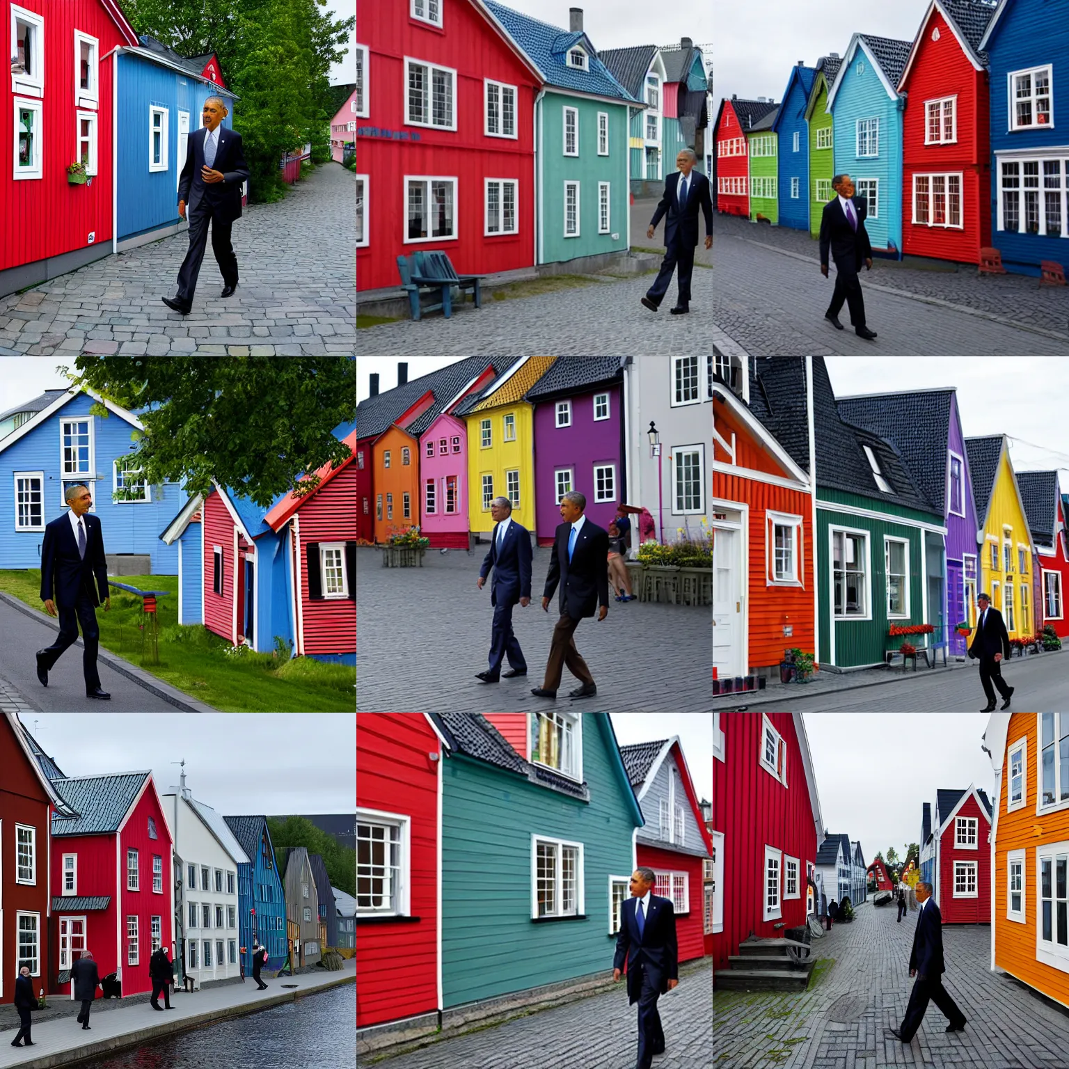 Prompt: Obama walking past the colorful wooden houses in Trondheim, Norway