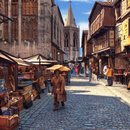 Prompt: A busy medieval town market, cobblestone street, merchant stands, cathedral in the background, photorealistic, detailed, octane render, vibrant colors, 4k