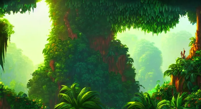 Prompt: beauiful background painting of a jungle level of a 2 d sidescroller game, the jungle is dense and thick, under sunlight above, video game art, pixel art, concept art, soft and lushful, impressionism, ultra detailed, natural lighting, trending on artstation