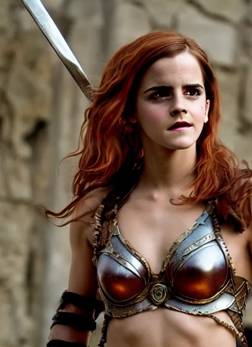 Image similar to photography emma watson as red sonja cinematic