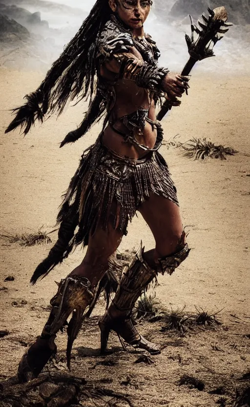 Prompt: wet ancient princess tribeswoman in battlerage, destroyed armor inspired by monster hunter, low shot, muscular body, symmetrical face, clean face, subtle make up, destruction around her, frozen time,dramatic lighting, cinematic, establishing shot, extremely high detail, photorealistic, 300 the movie,monster hunter the movie, dune the movie, cinematic lighting, artstation, octane render, western,old photo, vintage