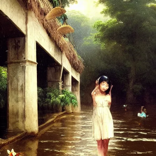 Image similar to monsoon on tropical island, endowed oriental girl in white, frontal, ornate, beautiful, atmosphere, vibe, mist, coconuts, rain, wet, pristine, puddles, melting, dripping, snow, creek, lush, ice, bridge, forest, roses, flowers, by stanley artgerm lau, greg rutkowski, francisco de goya