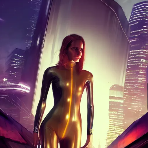 Image similar to a portrait of emma watson wearing skintight latex suit, cyberpunk city in the background as seen by greg rutkowski, light theme, enchanted, warm colors, high quality, waw, trending on artstation