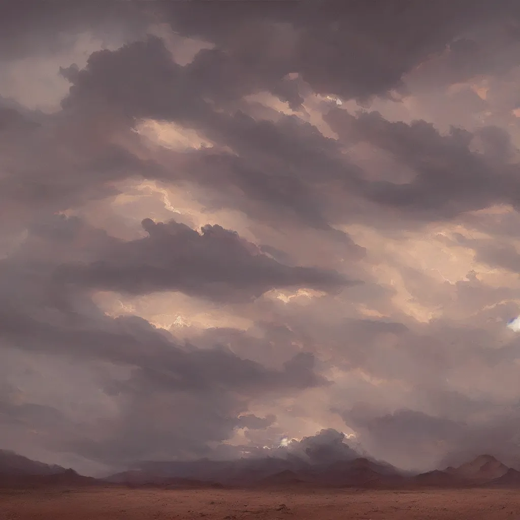 Image similar to beautiful oil painting of a thunderstorm in the desert, greg rutkowski, trending on artstation