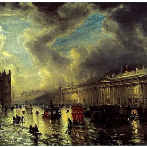 Image similar to London flooded underwater, traditional oil painting, detailed, painted by Constable