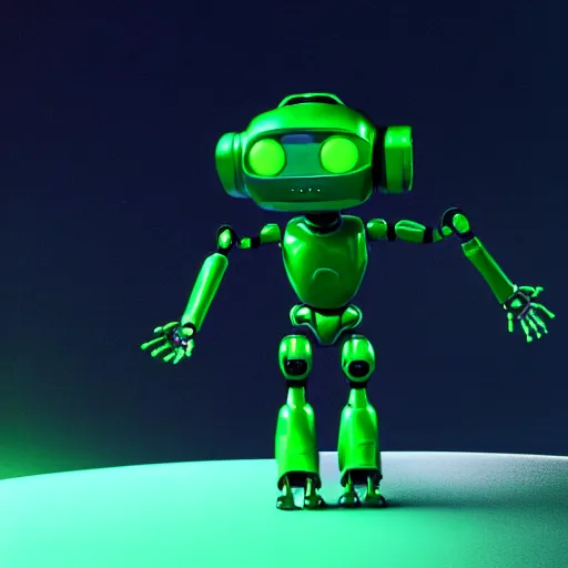 Image similar to an illustration of the full body of an alien robot with glowing green eyes in an unknown planet, hyperrealistic, octane render, 3D