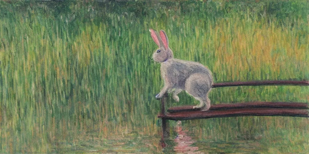 Image similar to a painting of a rabbit standing on a small wooden bridge, in the style of monet