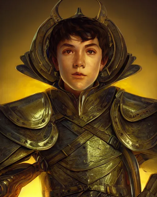 Image similar to macro closeup headshot of a boy wearing full plate armor, d & d, fantasy, rim light, volumetric lighting, digital painting, artstation, concept art, smooth, sharp focus, illustration, art by arney freytag, glamour pose, greg rutkowski, maxfield parrish and alphonse mucha, sunrise, new art nouveau, soft ambient lighting, particle effects