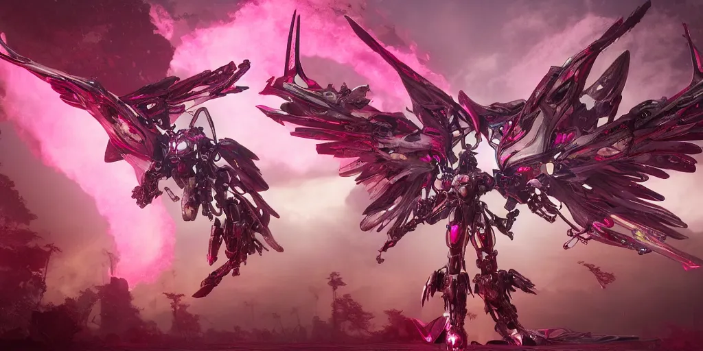 Prompt: a female mecha saints with huge wings flying in the fantasy forest is in pink and red collection by merriam, daniel, intricate mechanical details, futuristic, 2 k aesthetic, dramatic lighting, concept art, 4 k, 3 d octane render, provenance, detailed, trending on artstation