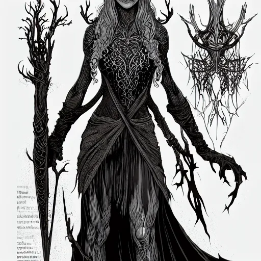Image similar to full elven witch, intricate, veins, by Hugo pratt, ultradetailed, trending on artstation,