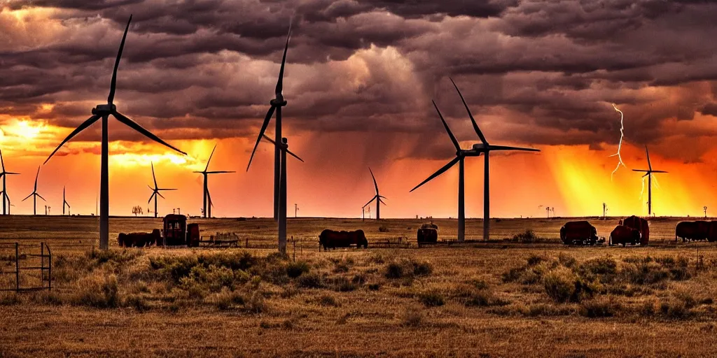 Image similar to photo of a stormy west texas sunset, perfect rustic pumpjack!, wind turbine!, abandoned train!!, horses!!, cows!!, high resolution lightning, golden hour, high detail, beautiful!!!