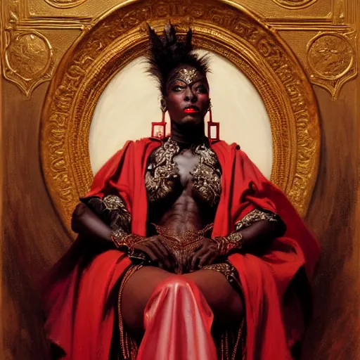 Prompt: full body portrait of black skinned, masked queen in red gothic robes sitting on a throne of bones, elegant, highly detailed painting by gaston bussiere, craig mullins, j. c. leyendecker, 8 k, mid shot