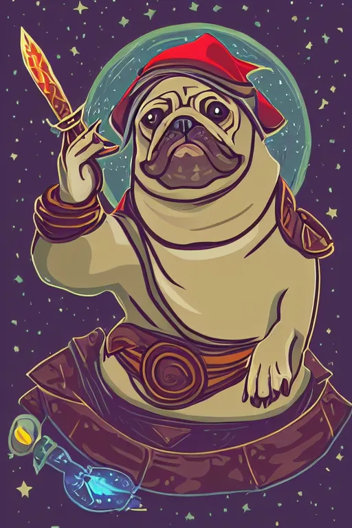 Image similar to Portrait of a pug that is a wizard casting a spell , wizard, medieval, sticker, colorful, casting epic spell, magic the gathering artwork, D&D, fantasy, artstation, heroic pose, illustration, highly detailed, simple, smooth and clean vector curves, no jagged lines, vector art, smooth