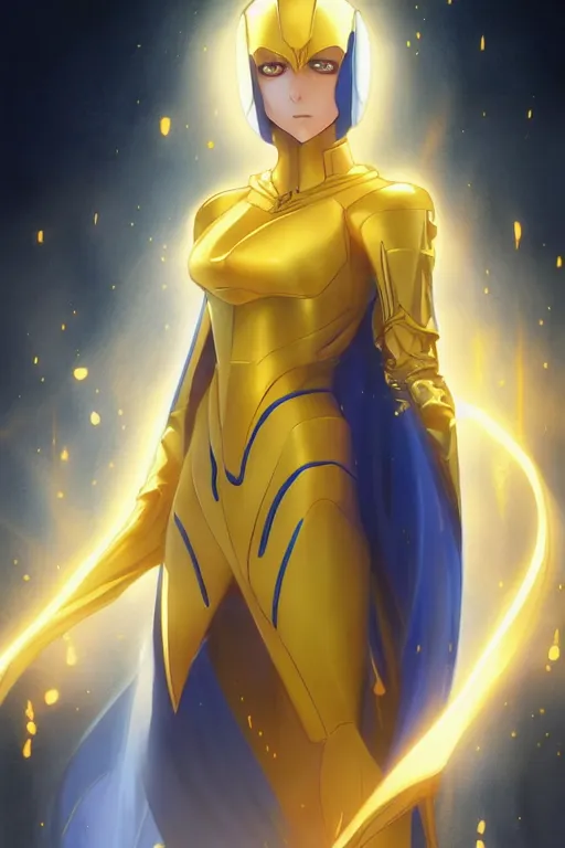 Image similar to anime key visual of a beautiful young female doctor fate!! intricate, cape, glowing, powers, dc comics, cinematic, stunning, highly detailed, digital painting, artstation, smooth, hard focus, illustration, art by artgerm and greg rutkowski and alphonse mucha