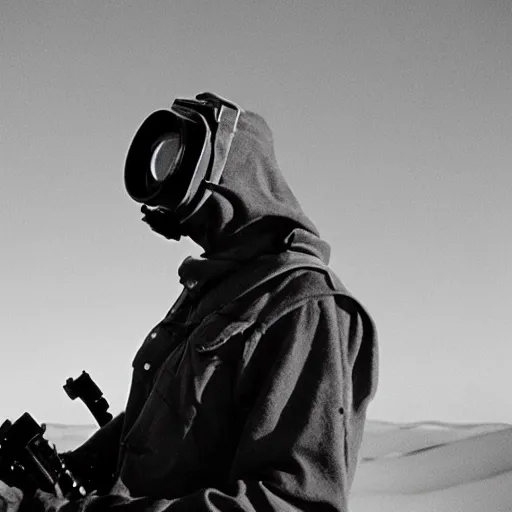 Image similar to a man wearing a gasmask, heavily equipped, in the desert, film still, arriflex 35