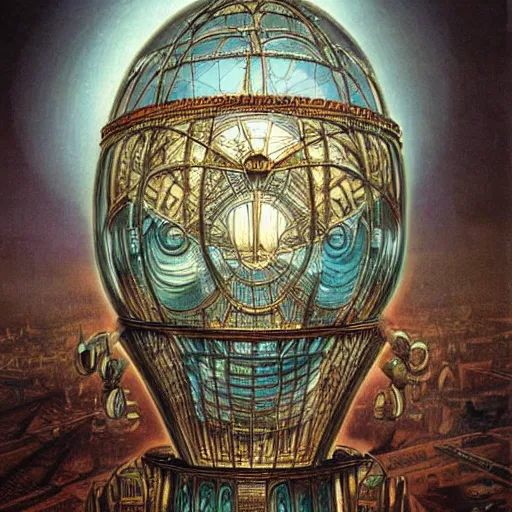 Image similar to enormous flying city in a faberge egg, sky, steampunk, fantasy art, masterpiece, hugh ferriss