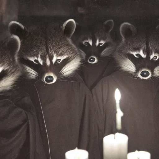 Image similar to vintage professional camera photo, a group of raccoons wearing dark cult robes look towards the camera in surprise and anger as they perform a dark occult evil ceremony inside the secret lair of an underground mystery cult, raccoon evil high priest in ornate robe leads the ritual, dramatic candlelight, pentagrams, ultra - detailed, photorealistic, 4 k