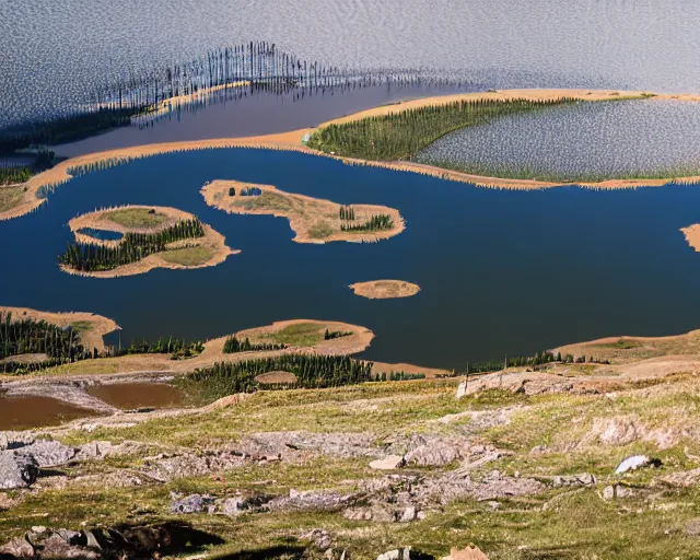 Image similar to my teeth are sharp. there is a lake in the foreground with water reflections.