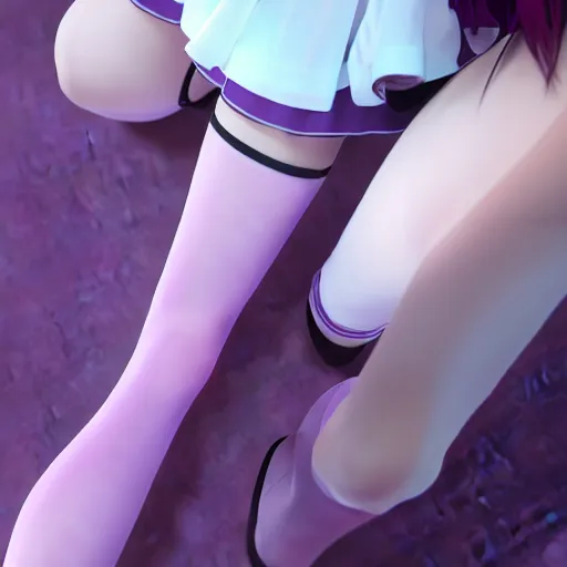 Image similar to a very beautiful 3d anime girl in a room, wearing thigh highs socks, unreal engine 5 4k render, hazler eyes, cute smile, trending on artstation, medium shot, long purple hair