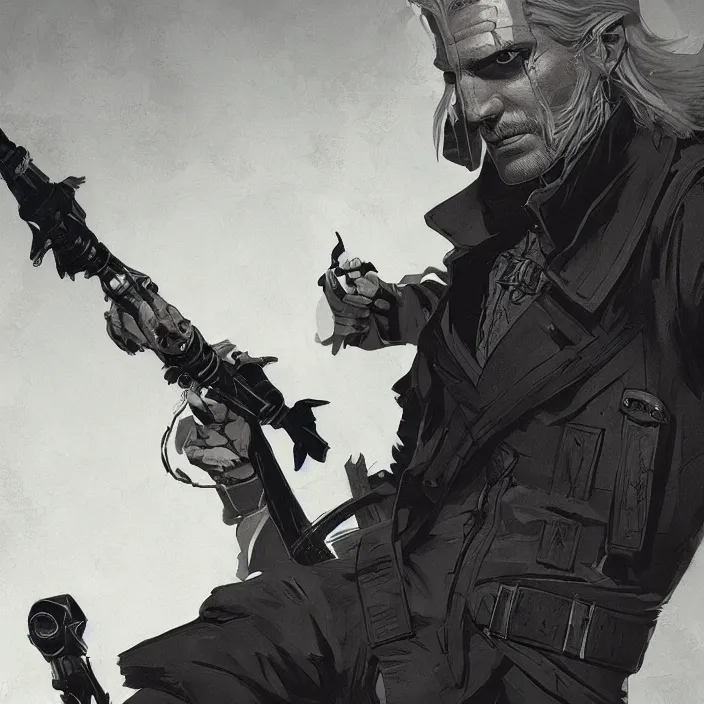 Prompt: a douchrome comic noir illustration painting of geralt of rivia by sachin teng and sergey kolesov and ruan jia and heng z. graffiti art, sci fi, hyper detailed. octane render. trending on artstation