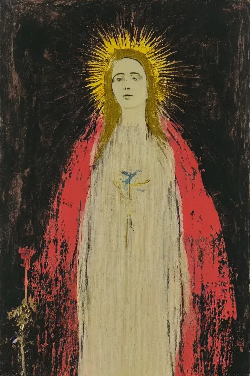 Image similar to virgin mary of lourdes painted by cy twombly and andy warhol