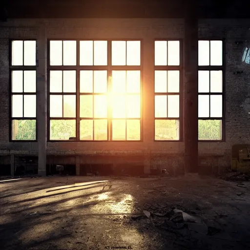 Prompt: abandoned industrial factory interior, sunlight filtering through the windows, digital art, trending on artstation