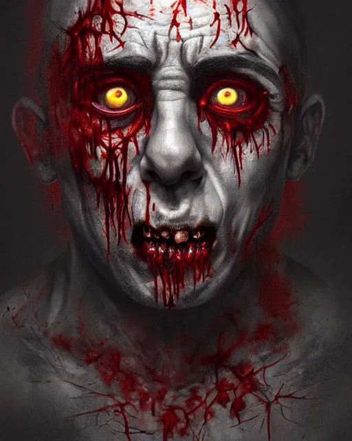 Image similar to a joe rogan terrifying zombie, accurate details, detailed face, blood seeping from eyes, fantasy, dramatic, intricate, elegant, highly detailed, digital painting, artstation, concept art, smooth, sharp focus, illustration, art by Gustave Dore, octane render
