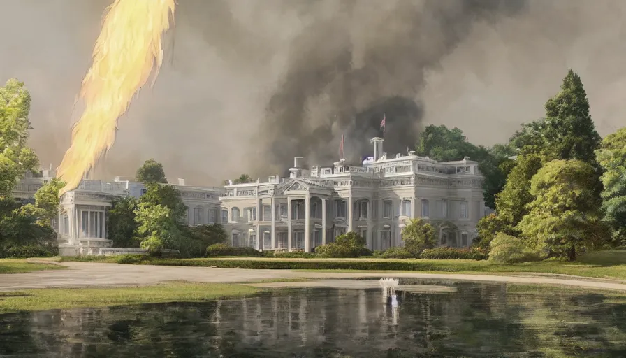 Image similar to A highly detailed matte painting of american white house castle on fire, expliosion and smokes, by Studio Ghibli, Makoto Shinkai, by Artgerm, by WLOP, by Greg Rutkowski, volumetric lighting, octane render, 4K resolution, trending on artstation, masterpiece