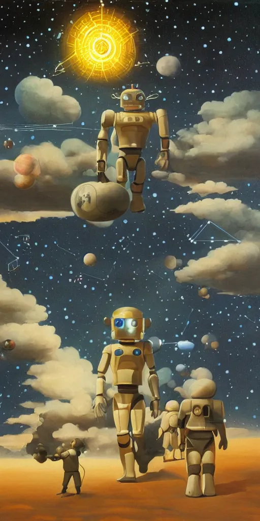 Image similar to a painting by ralph mcquarrie of floating molecules and a robot artist holding an icosahedron with stars, clouds, and rainbows in the background, trending on artstation, masterpiece, incredible details