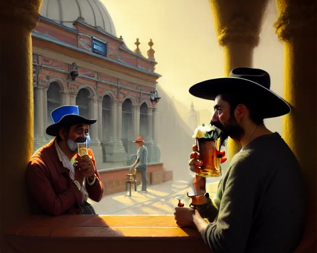 Prompt: a mexican man with hat drinking a beer on train station, fantasy, intricate, elegant, highly detailed, digital painting, artstation, concept art, matte, sharp focus, illustration, art by aenaluck and roberto ferri and greg rutkowski, epic