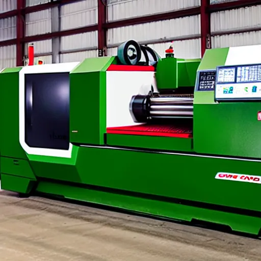 Prompt: cnc lathe from haas st - 3 0 stands in a green field, the sky is bright red with clouds