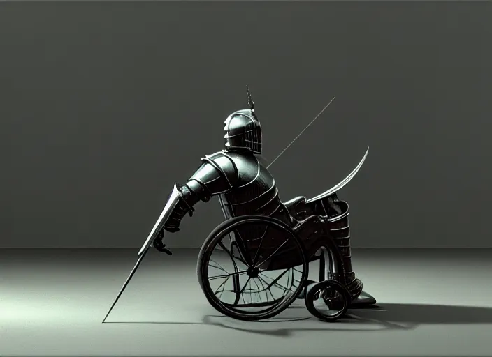 Image similar to knight in armor in a wheelchair do tricks, minsk, highly detailed, soft lighting, elegant, works by edward hopper and james gillard, zdislaw beksinski, stephen outram, andreas m wiese, highly detailed, masterpiece. rendered in blender, smooth shadows, ultra detail, high resolution, unreal 6, 8 k