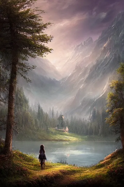 Image similar to beautiful matte painting style dark academia, whimsical art fantasy path mountains and meadow in the background near a lake reflecting the trees, atmospheric lighting, painted, intricate, volumetric lighting, beautiful, rich deep colors masterpiece, sharp focus, ultra detailed by